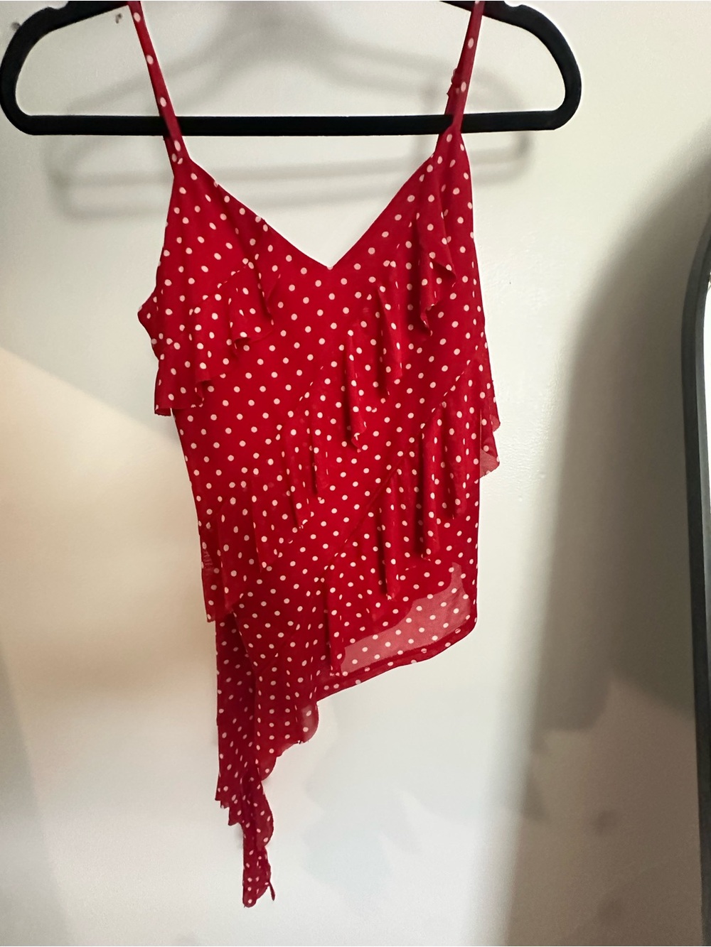 Women's Red Polka Dot Asymmetric Ruffle Cami Top
